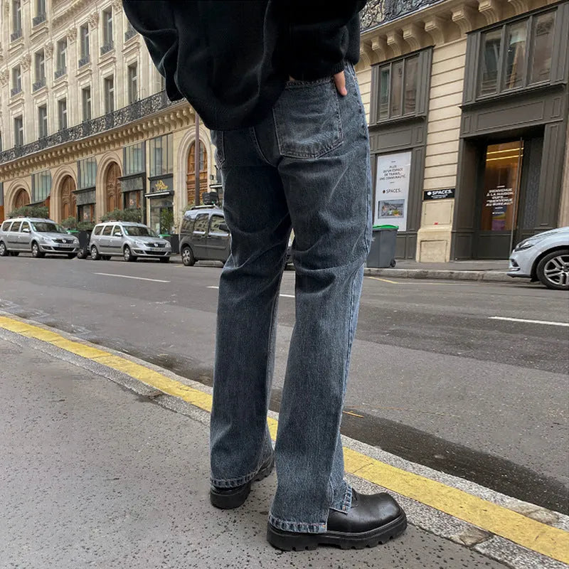 Blue-grey casual straight-leg trousers with side slits, loose fit, mid-waist, velvet lined, autumn wear
