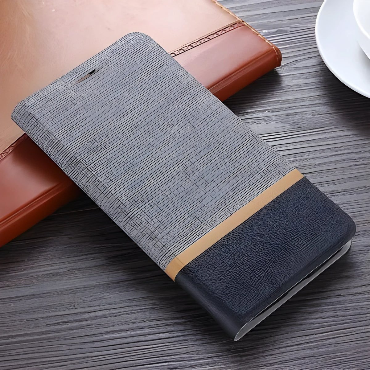 Glory 8A phone case with PU denim leather pattern and TPU crystal clear water case in Black, Blue, or Grey