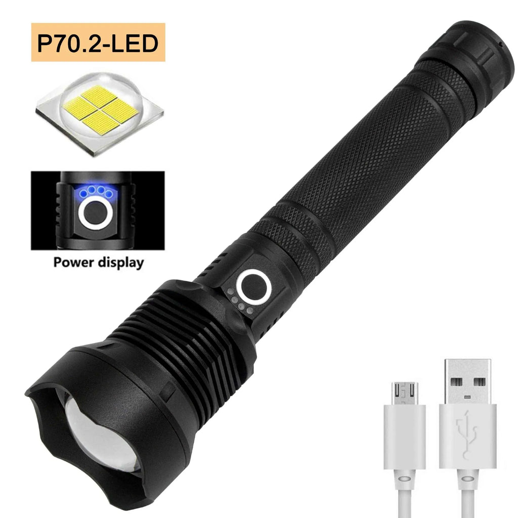 Black USB rechargeable P70 LED flashlight 4000 lumens with telescopic zoom and aluminium alloy body on outdoor background