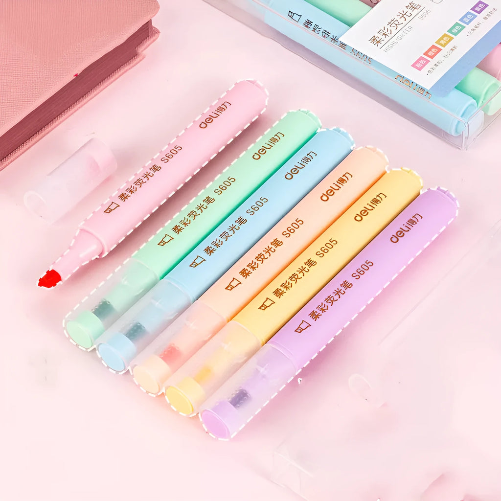 Deli S605 oblique tip highlighter pens in Macaron, Crystal, and Dark colour sets for student notes