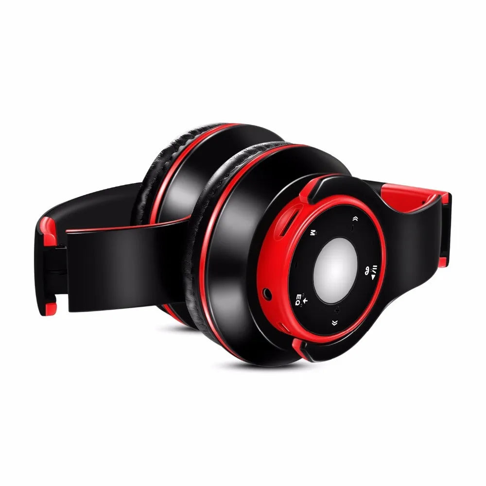 Foldable over-ear wireless Bluetooth headset with adjustable hinges in blue, red, or rose red colours.