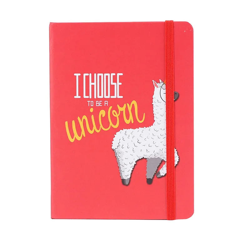 Alpaca cartoon notebook with paper cover showing 96 pages of 80g yellow paper in A5, A6 and A7 size options