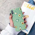 Green cartoon avocado design on a flexible TPU phone case for Apple iPhone.