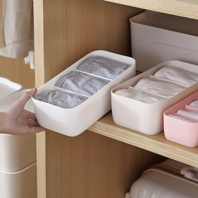 Plastic socks and underwear organiser with grid compartments in multiple colours for desktop or drawer storage