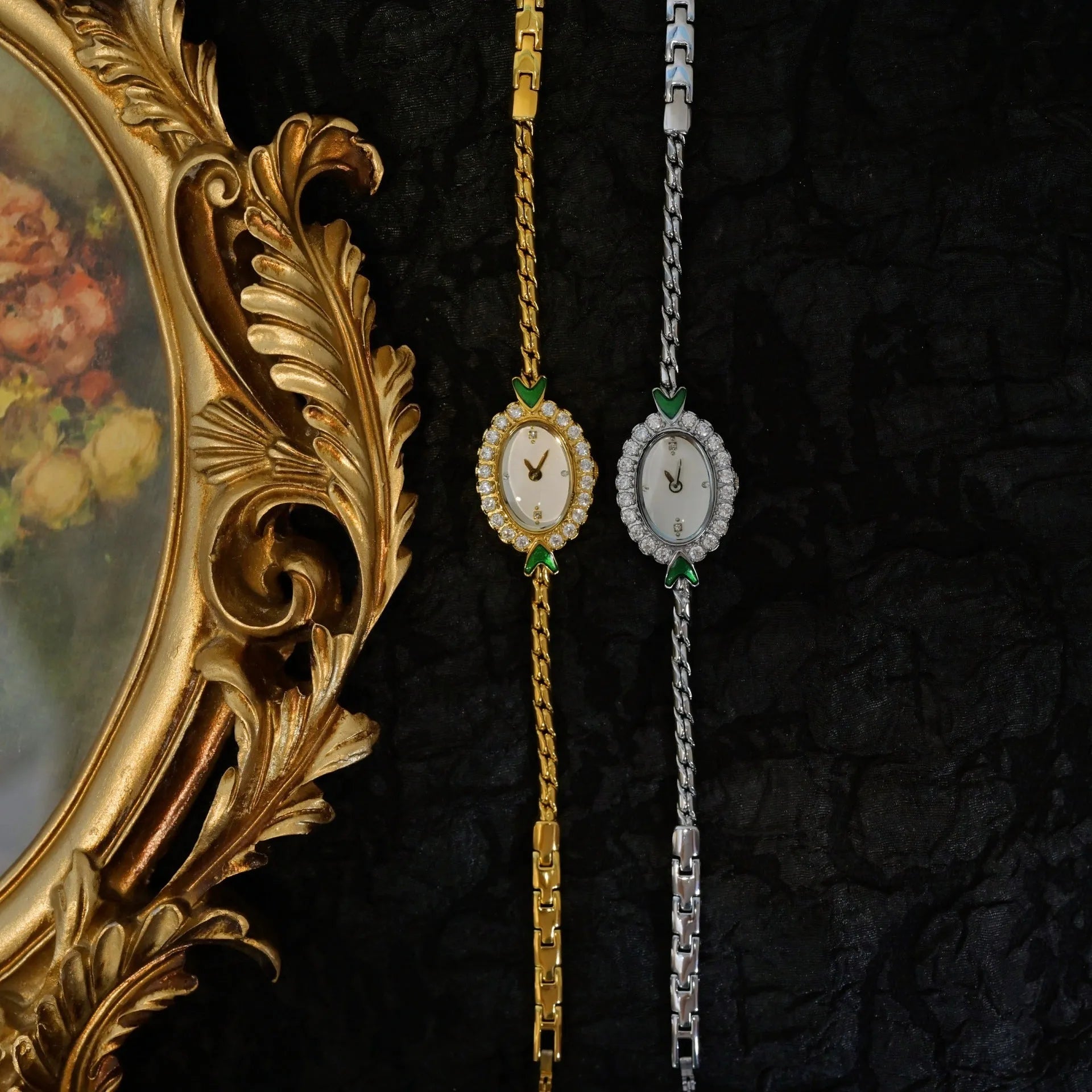 European small gold women's watch with handmade rhinestone inlay and adjustable strap on light background