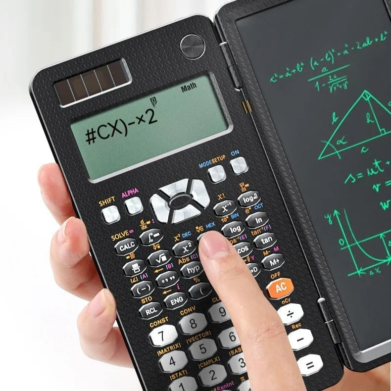 2-in-1 foldable scientific calculator with handwriting tablet in black ABS, showing LCD notepad and calculator keys