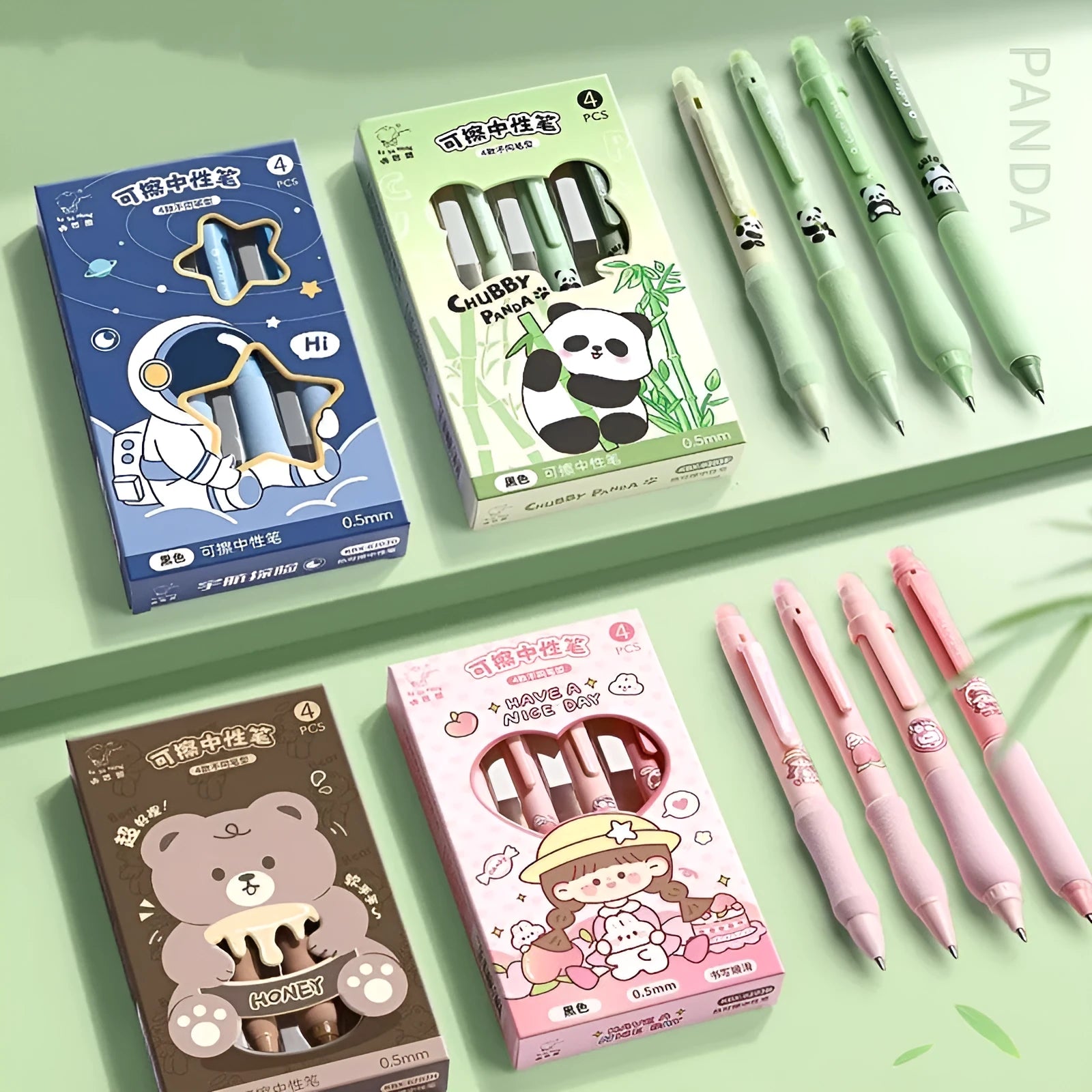 Erasable cartoon press gel pen with 0.5mm tip showing Aerospace and Panda design options.