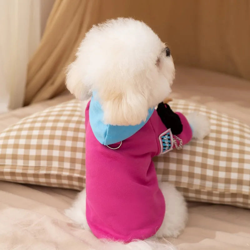 Autumn winter dog hoodie in purple with colour-blocking design, drawstring hood, and cat plush necklace for small medium breeds
