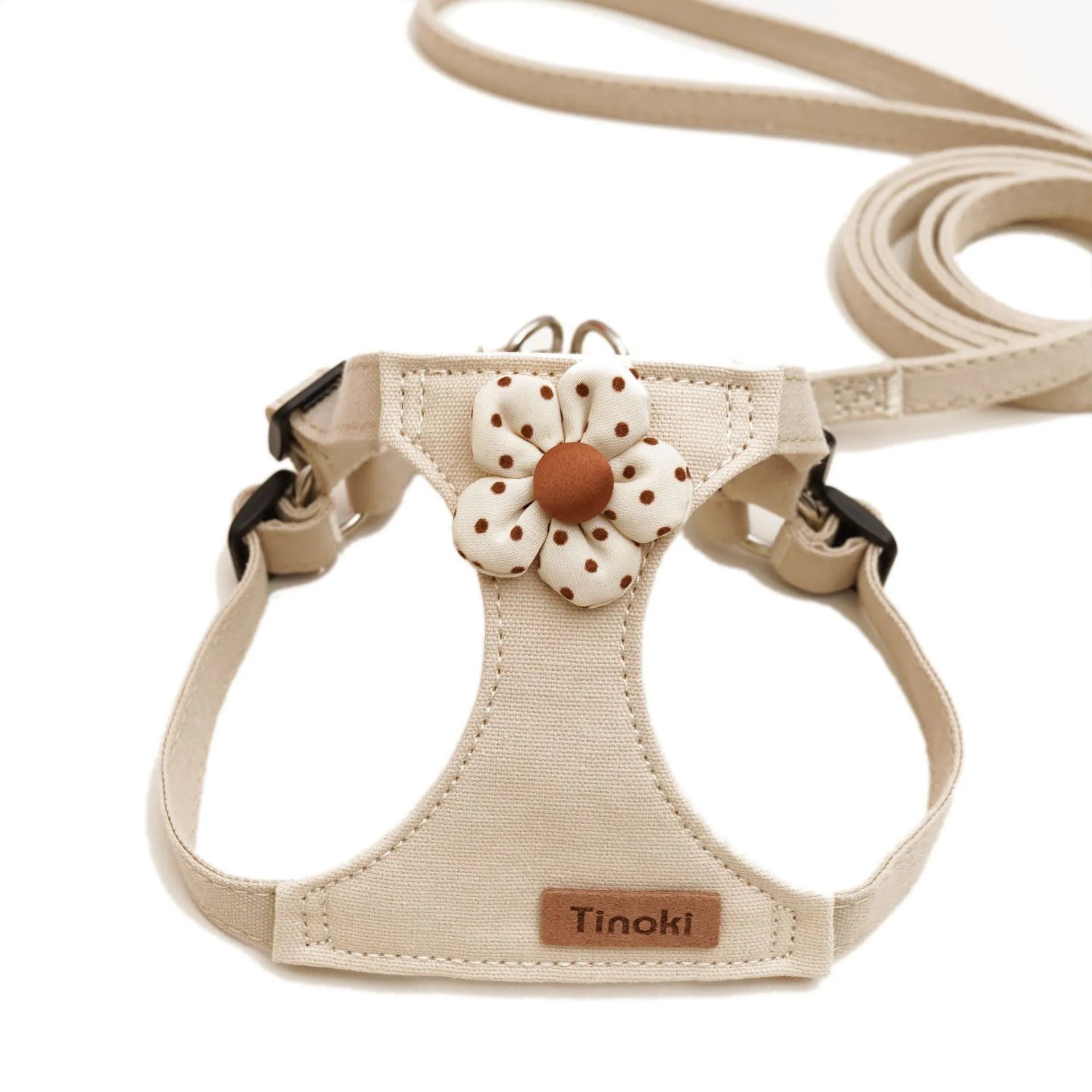 Dog hand holding rope vest small dog chest harness set in beige dots flowers with traction rope