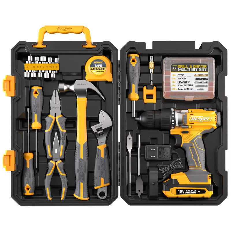 Grey yellow case open to reveal an 82-piece chrome-vanadium steel tool kit for furniture installation.