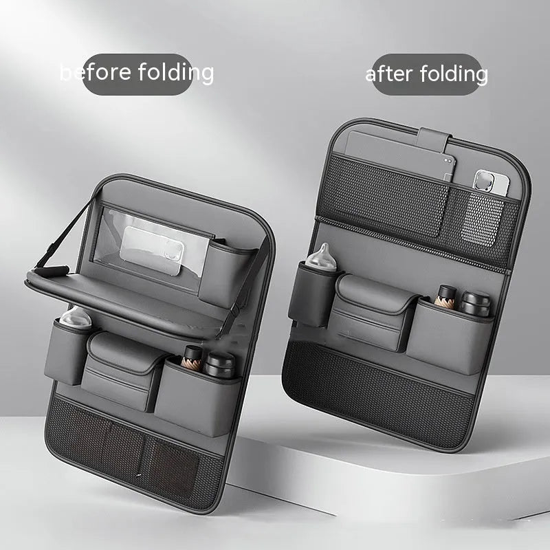 Waterproof leather car seat storage bag with foldable dining table in obsidian black colour