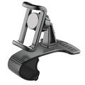 Black adjustable car phone holder with 360-degree rotation on vehicle dashboard