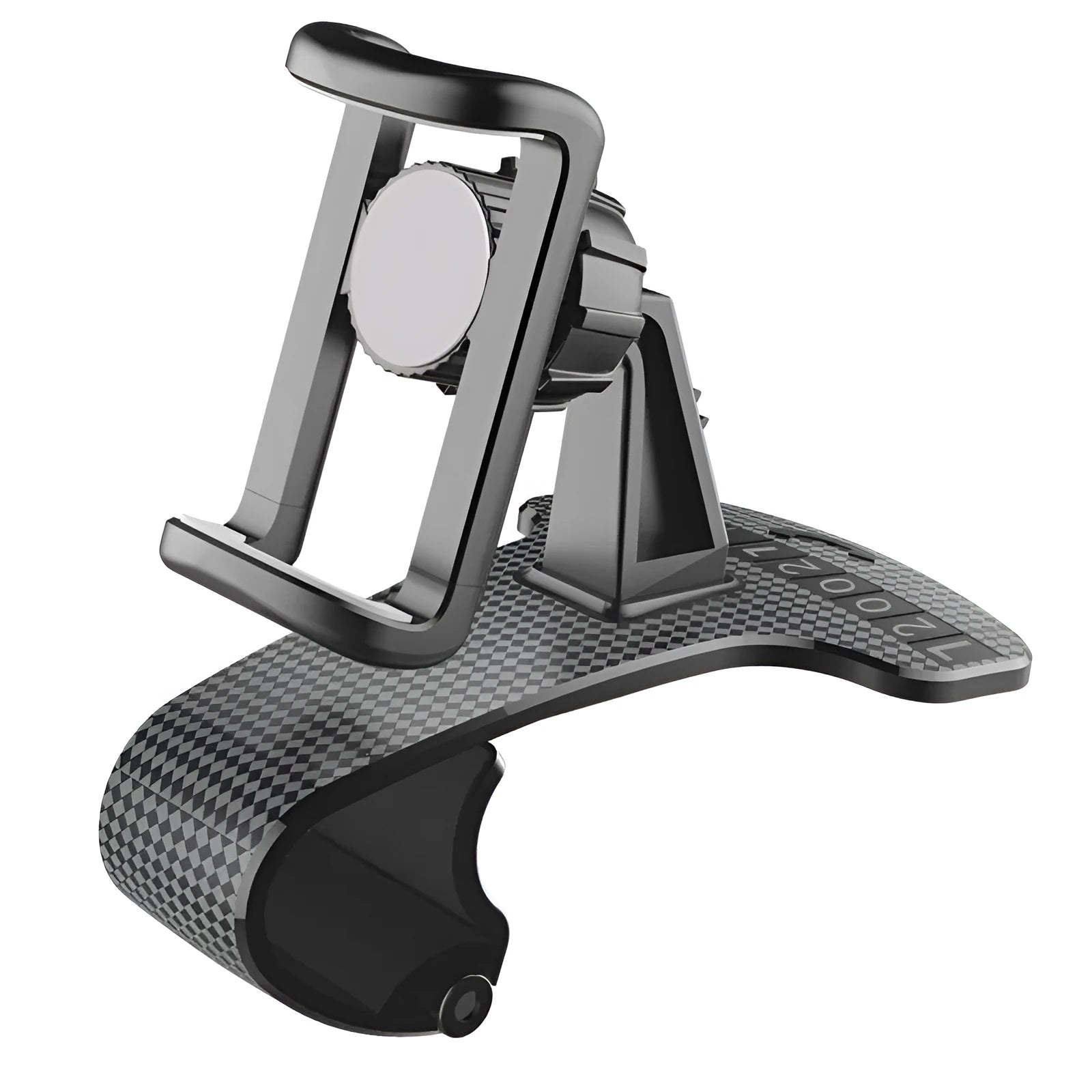 Black adjustable car phone holder with 360-degree rotation on vehicle dashboard