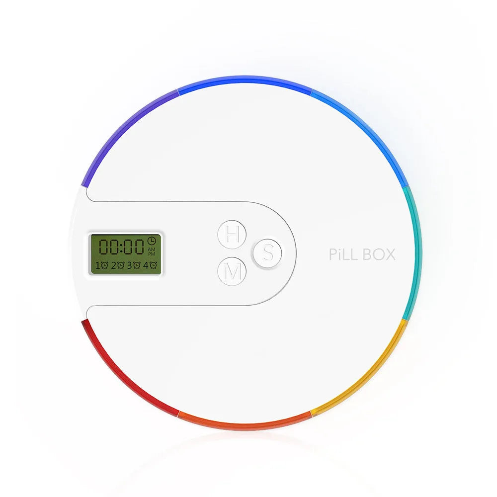 Blue seven-day alarm clock pill dispenser with digital display, showing daily compartments and measuring 11cm wide.