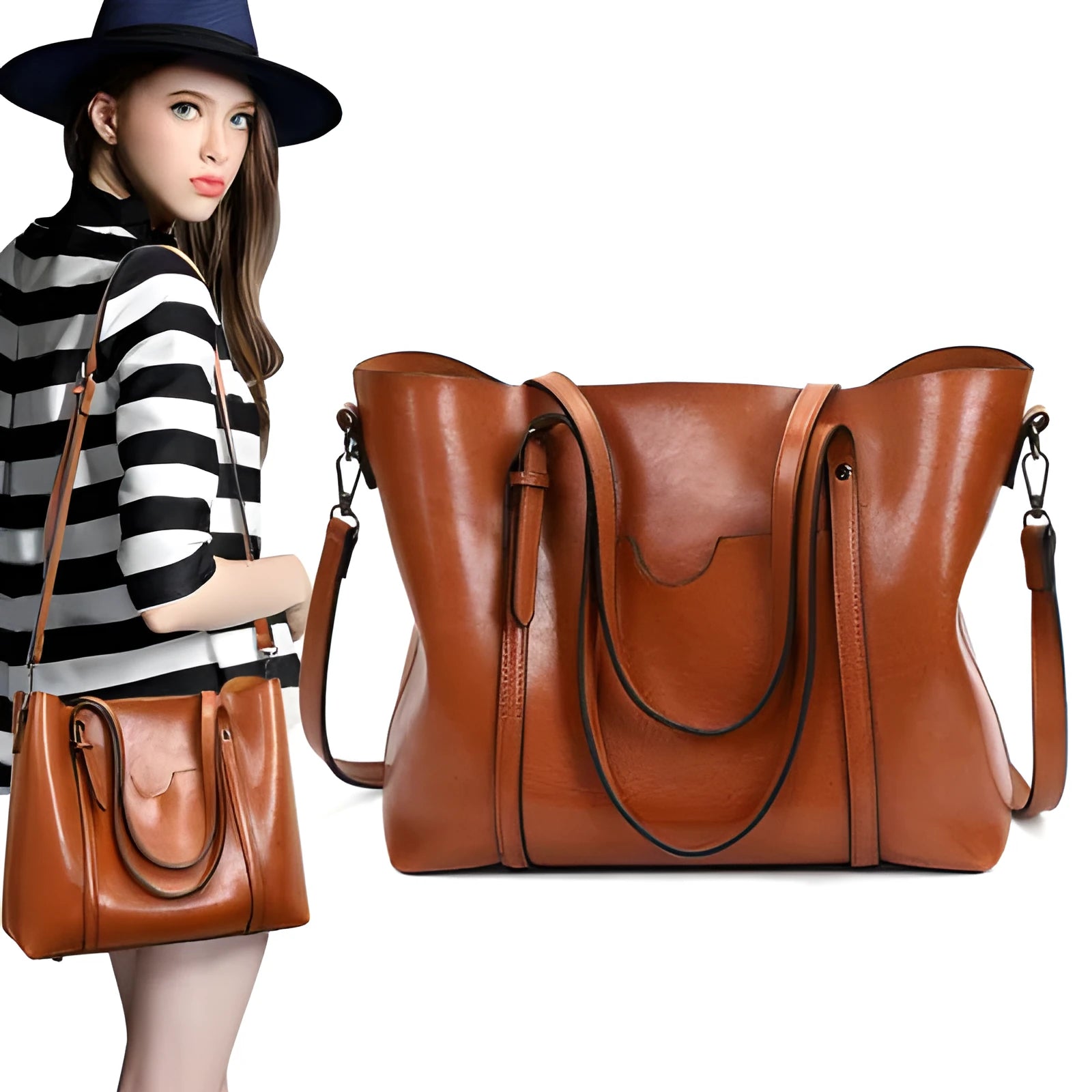Brown retro-style women's messenger bag with top handle and shoulder strap, shown on a table.