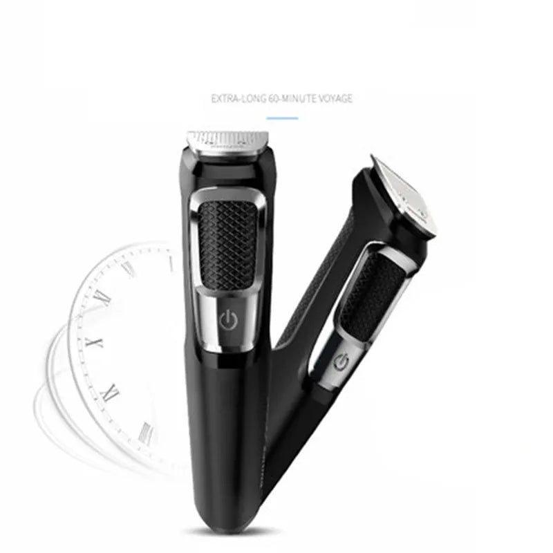 Multifunctional nose and beard hair trimmer with cleaning brush on a white background.