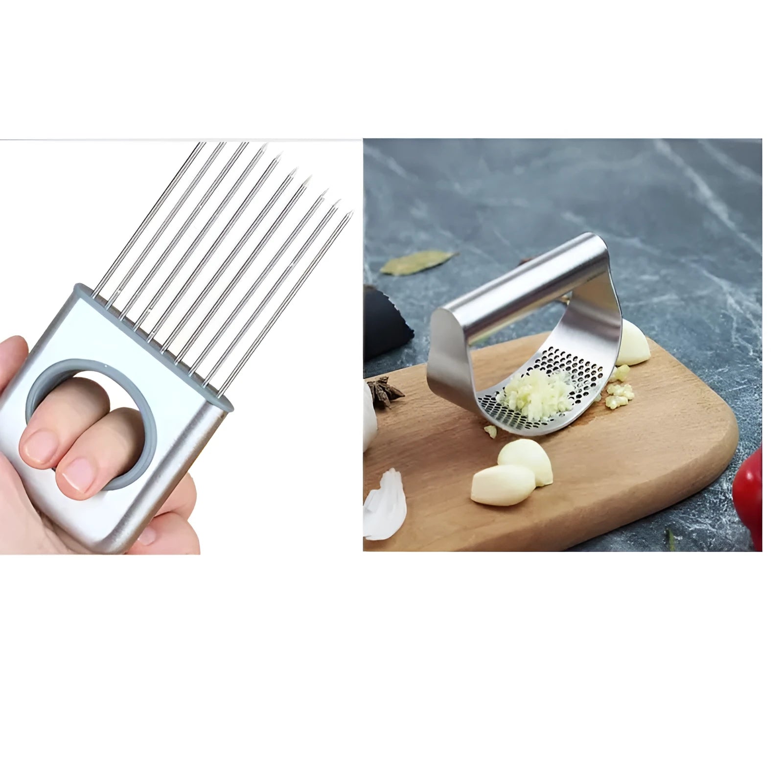Stainless steel kitchen bundle with onion fork tool for vegetables, potatoes, fish, and meat preparation