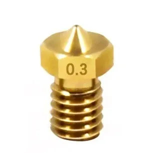 Brass 3D printer nozzle with M6 thread, showing multiple aperture size options.