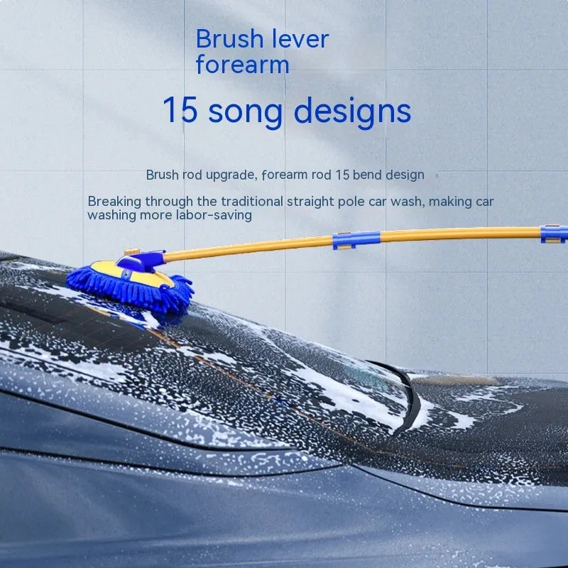 Telescopic curved rod car cleaning brush with chenille wash mop and brush head attachments in blue colour set