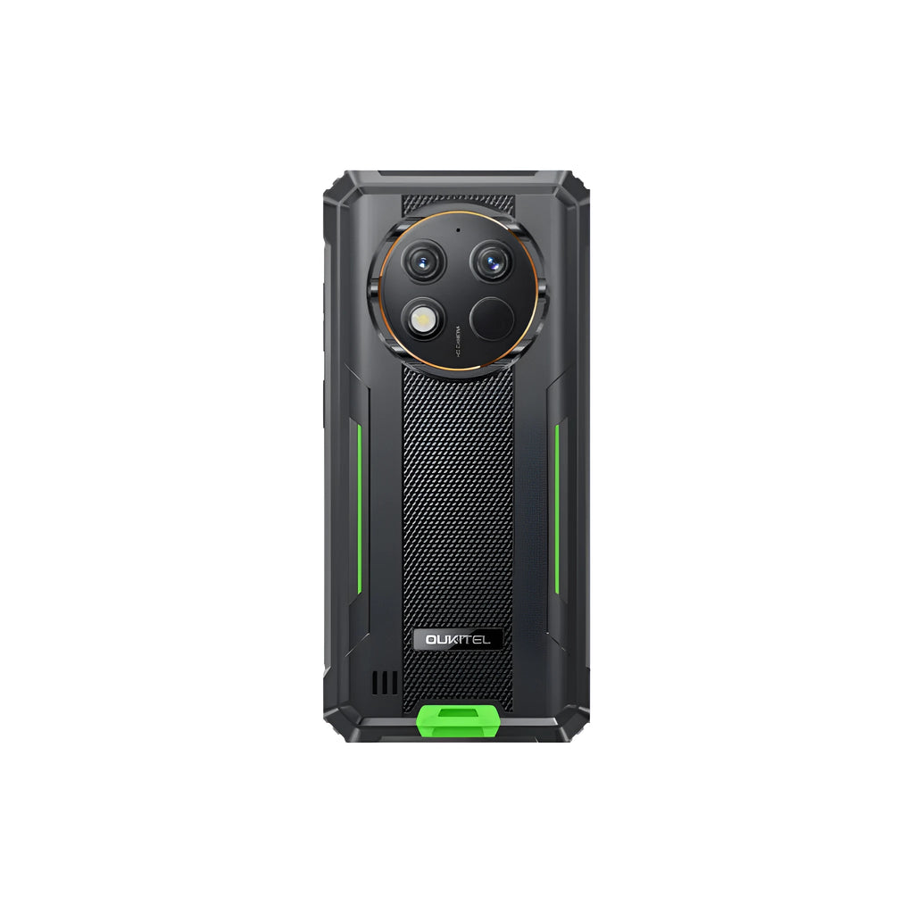 OUKITEL G1 mobile phone in green, grey, and orange colour options with charger.