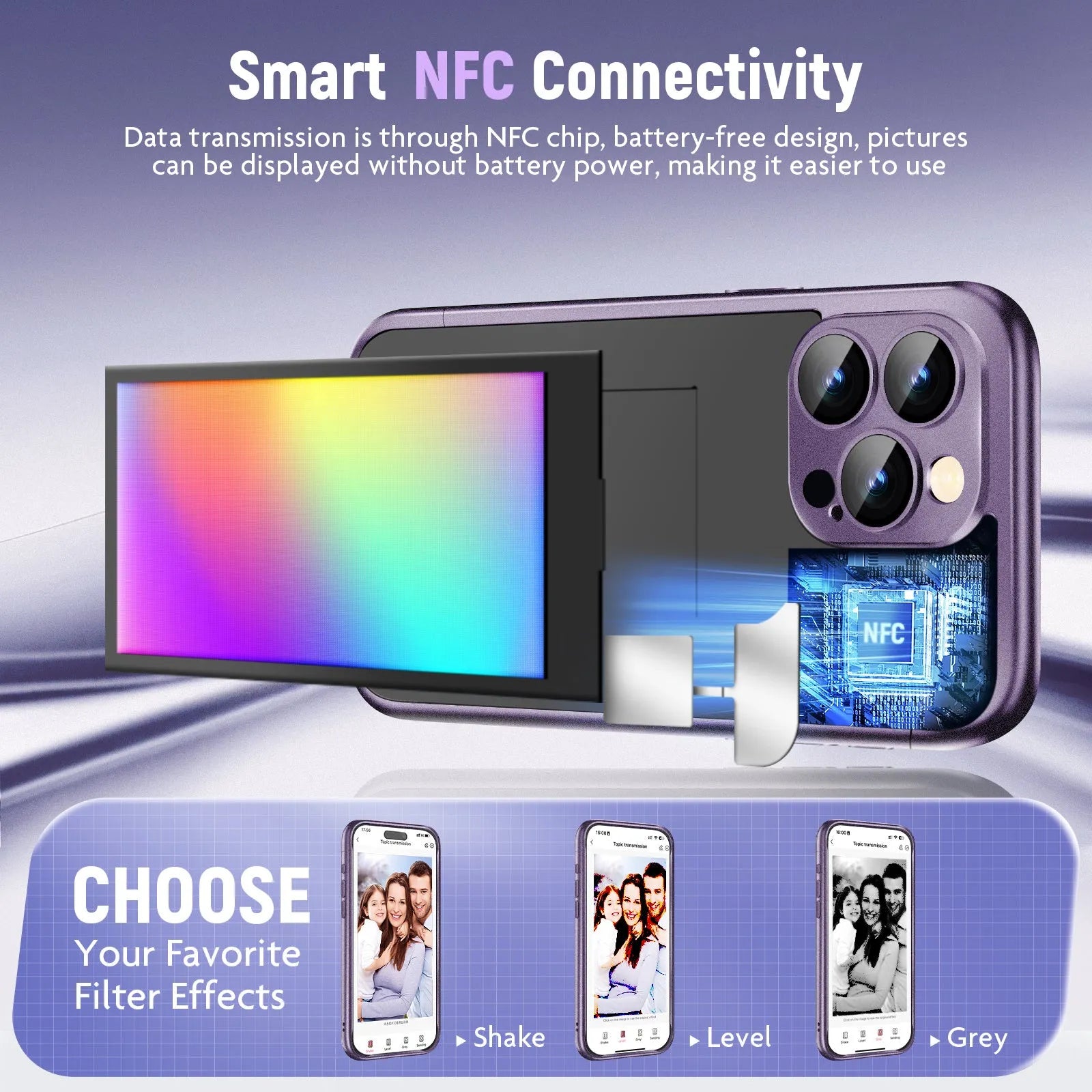 Black and Purple iPhone 15 Pro Max flip case with a customisable NFC ink screen on the front.