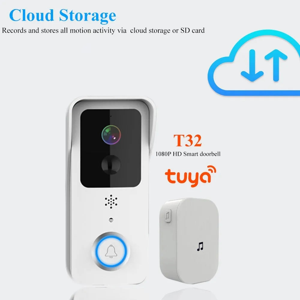 Waterproof smart HD visual doorbell with a rechargeable battery on a doorstep.