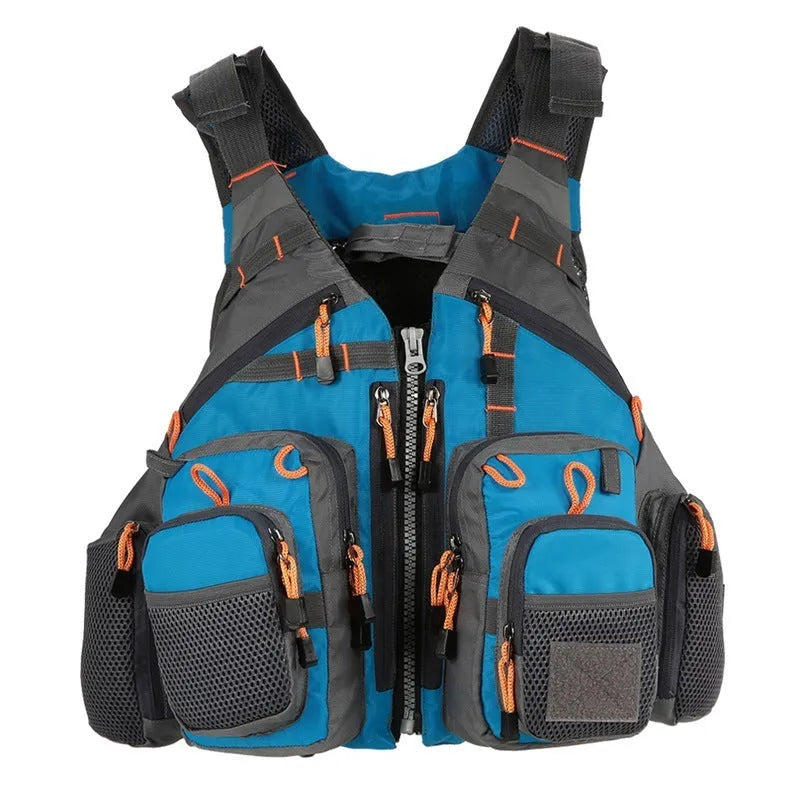 Blue men's fishing life vest with 11 pockets, detachable flotation, and adjustable straps on a white background