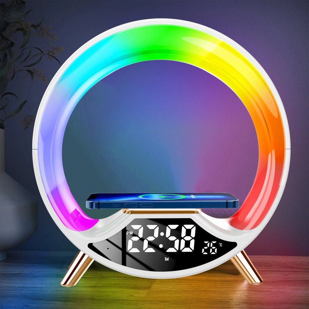 O Light wireless charging bedside lamp with Bluetooth speaker, digital clock display, and dimmable warm light.