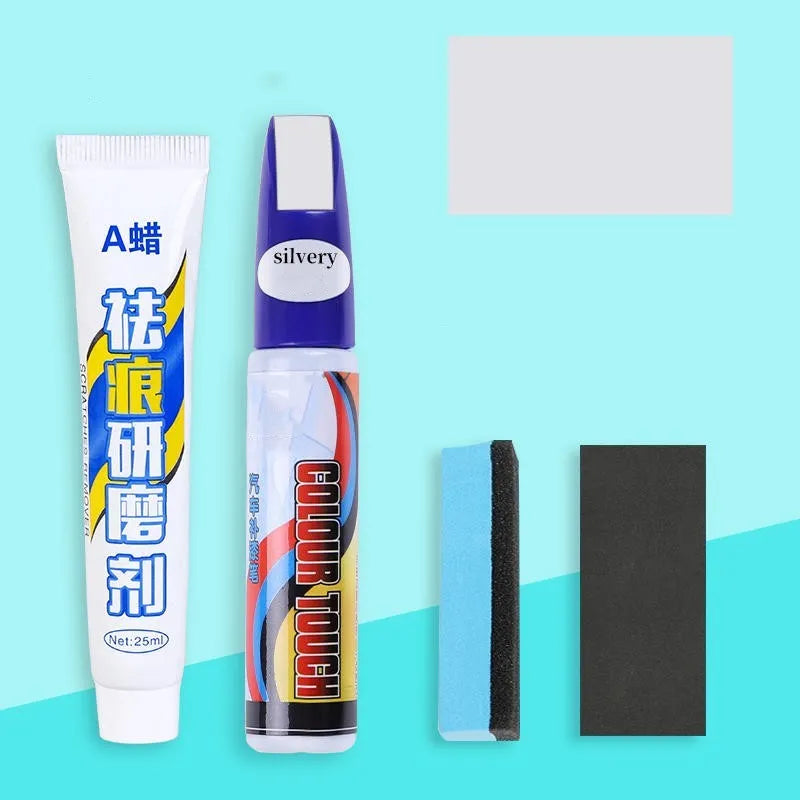 Automotive paint repair pen kit with touch-up paint, wax, sponge and sandpaper for car scratch repair