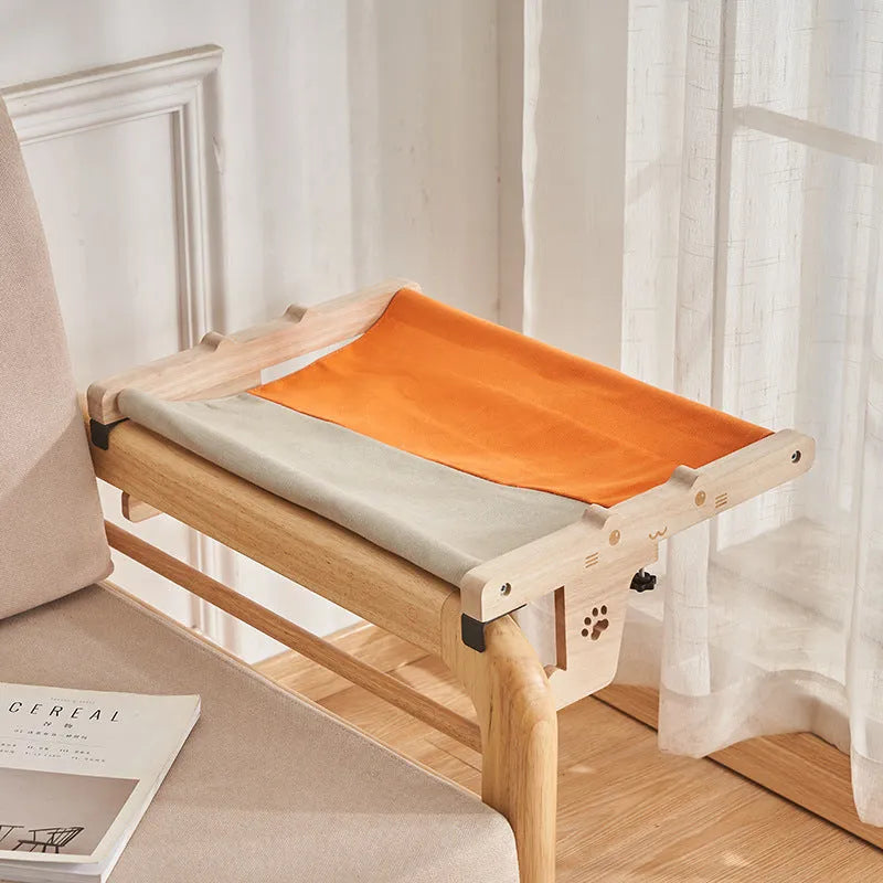 Wooden frame cat hanging hammock bed installed on a window, suitable for cats and small dogs.