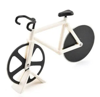 Bicycle shaped pizza cutter with stainless steel blade and ABS handle on white background