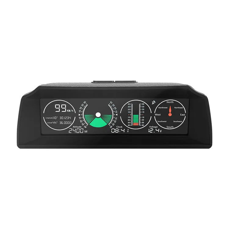GPS GO 2 black car head-up display unit showing speed, angles, and compass on a colour LCD screen.