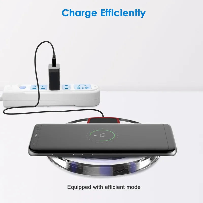 Black wireless charging pad compatible with Samsung Galaxy and iPhone smartphones