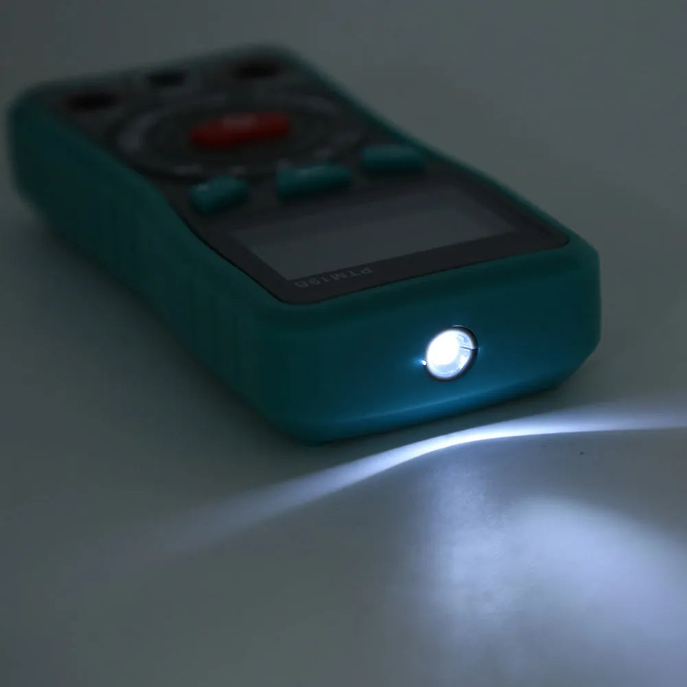 Green automatic digital multimeter with LED display on a dark surface.