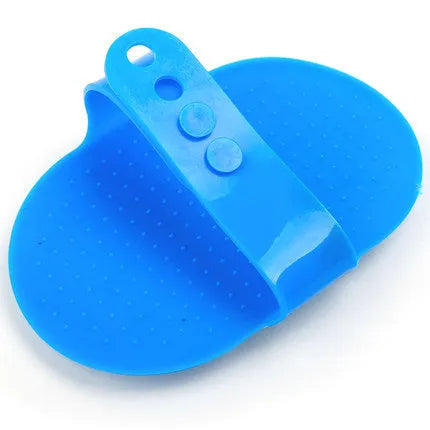 Elliptical plastic dog bath brush in blue 120x90x20mm set of hands shape for general dog grooming