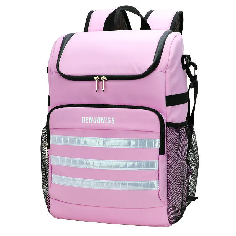Cloth backpack with integrated bottle opener on shoulder strap, shown in available colours.