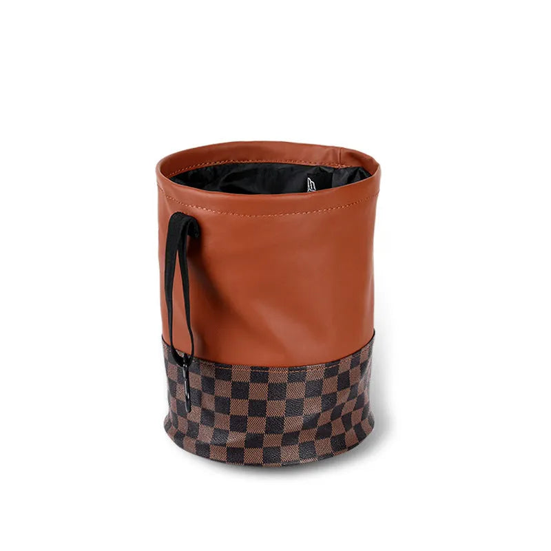 Leather retractable folding car trash can with handle, shown in vehicle interior