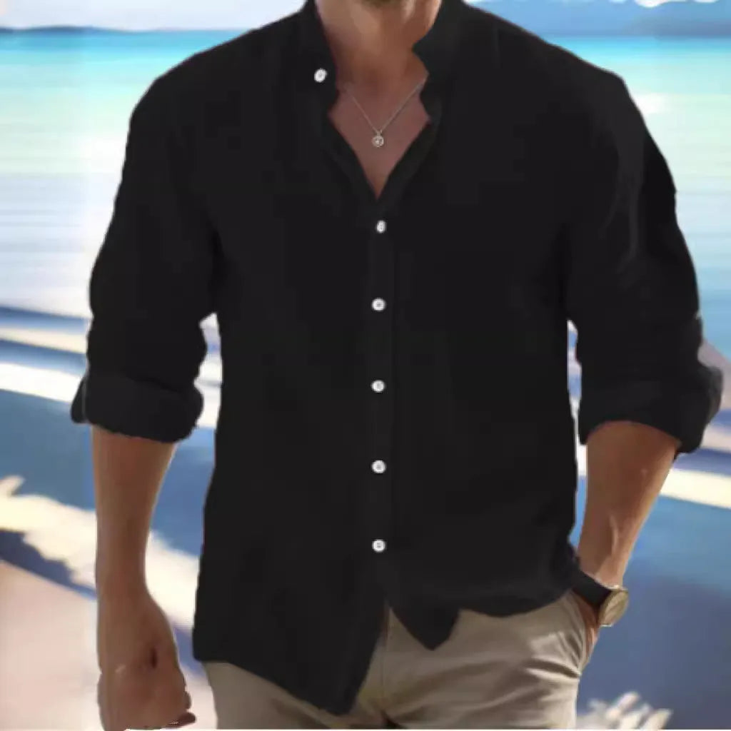 Men's light grey long-staple cotton pullover shirt with casual collage stitching detail.