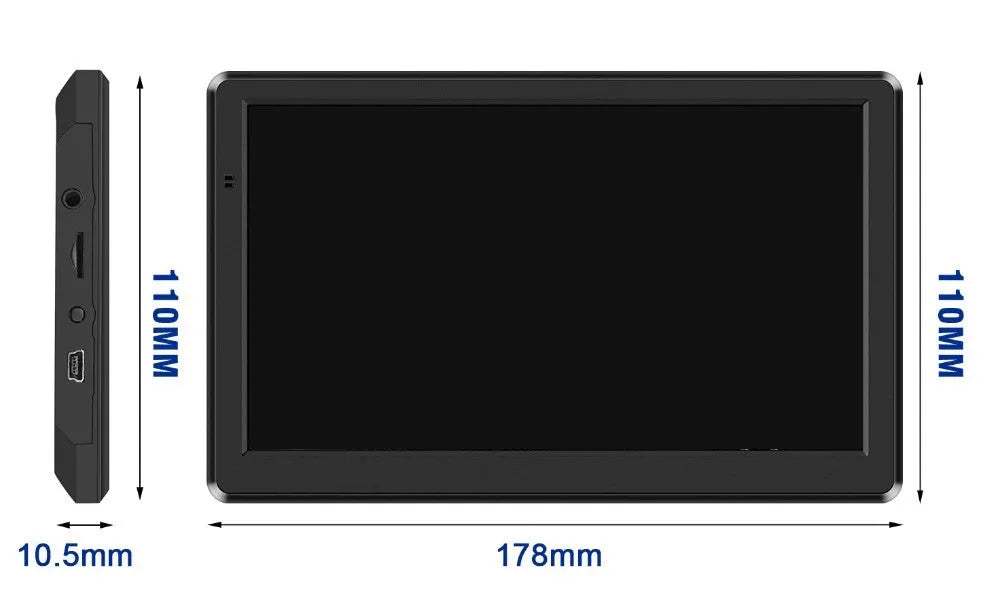 7 inch portable car GPS navigation device on dashboard with bracket and car charger