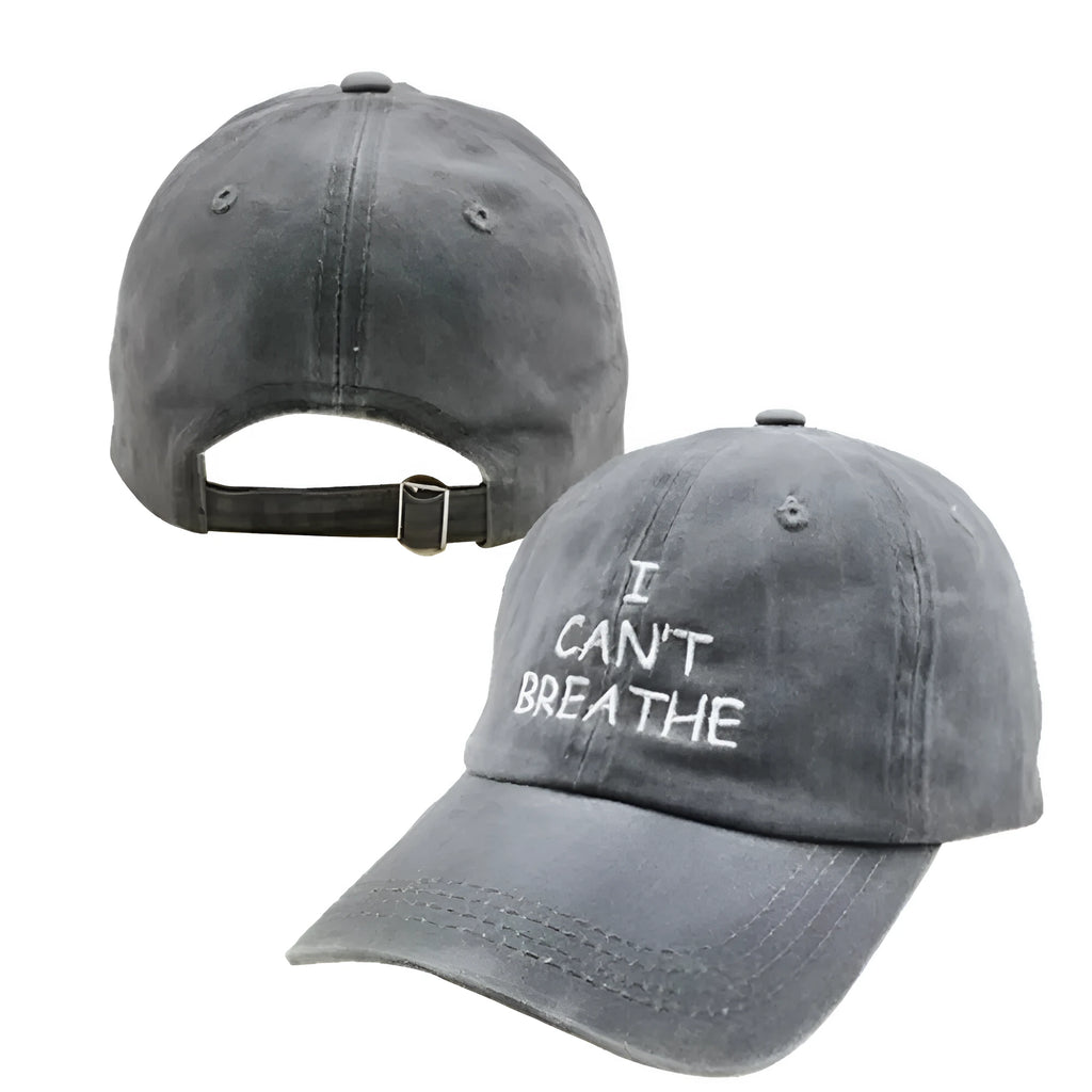 Embroidered 'I can't breathe' cotton baseball cap on display