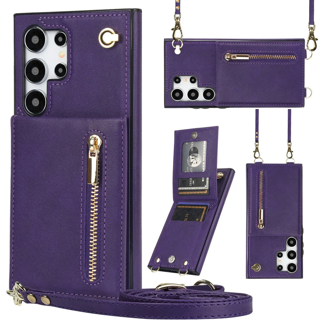 Samsung phone case with card slots and crossbody zipper bracket in Japanese Korean style