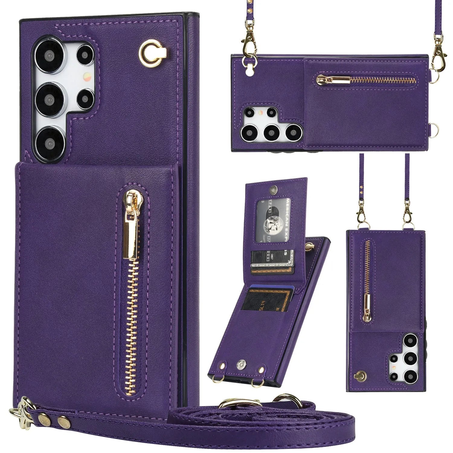 Samsung phone case with card slots and crossbody zipper bracket in Japanese Korean style