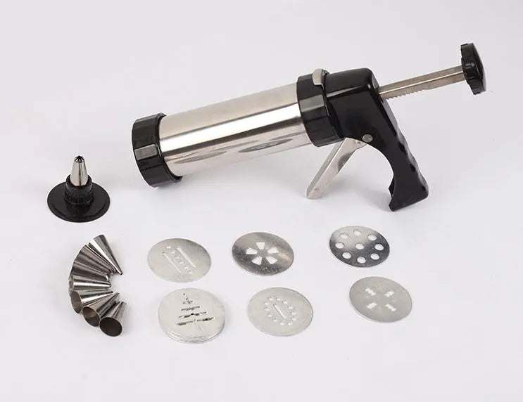 Stainless steel biscuit press cookie machine with 13 mould discs and 8 icing nozzles for home baking