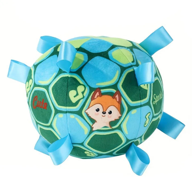 Green plush ball dog toy with a handle and internal bells, 15cm in diameter.