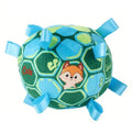 Green plush ball dog toy with a handle and internal bells, 15cm in diameter.