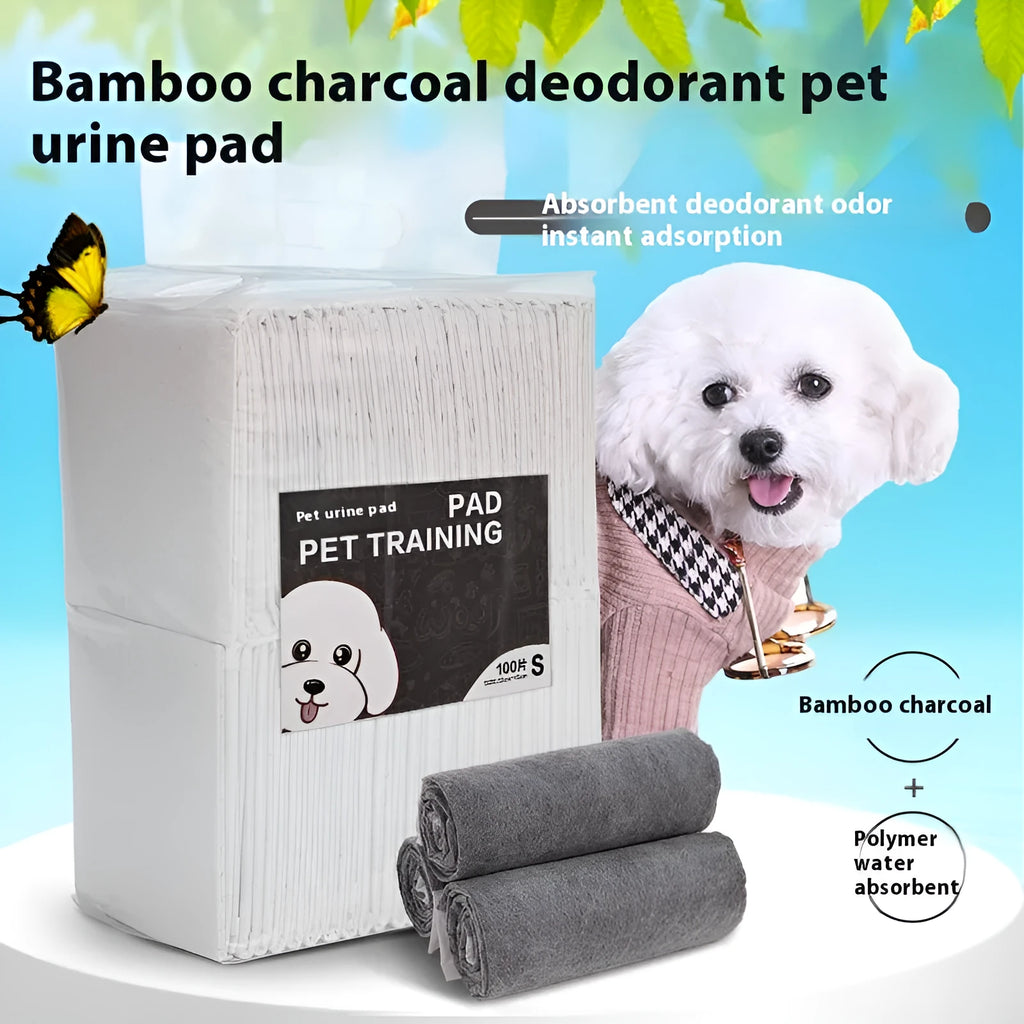 Pack of white pet urinal pads showing layered edge and bamboo charcoal variant, with size guide showing S M L XL dimensions.