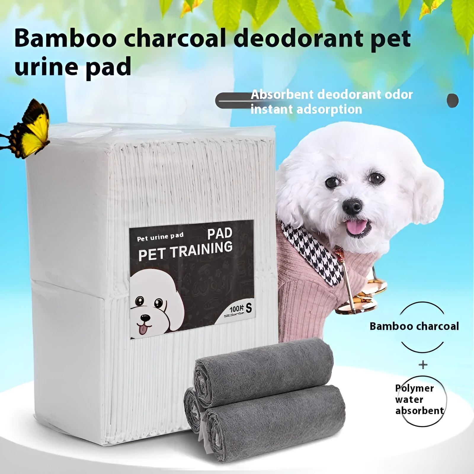 Pack of white pet urinal pads showing layered edge and bamboo charcoal variant, with size guide showing S M L XL dimensions.