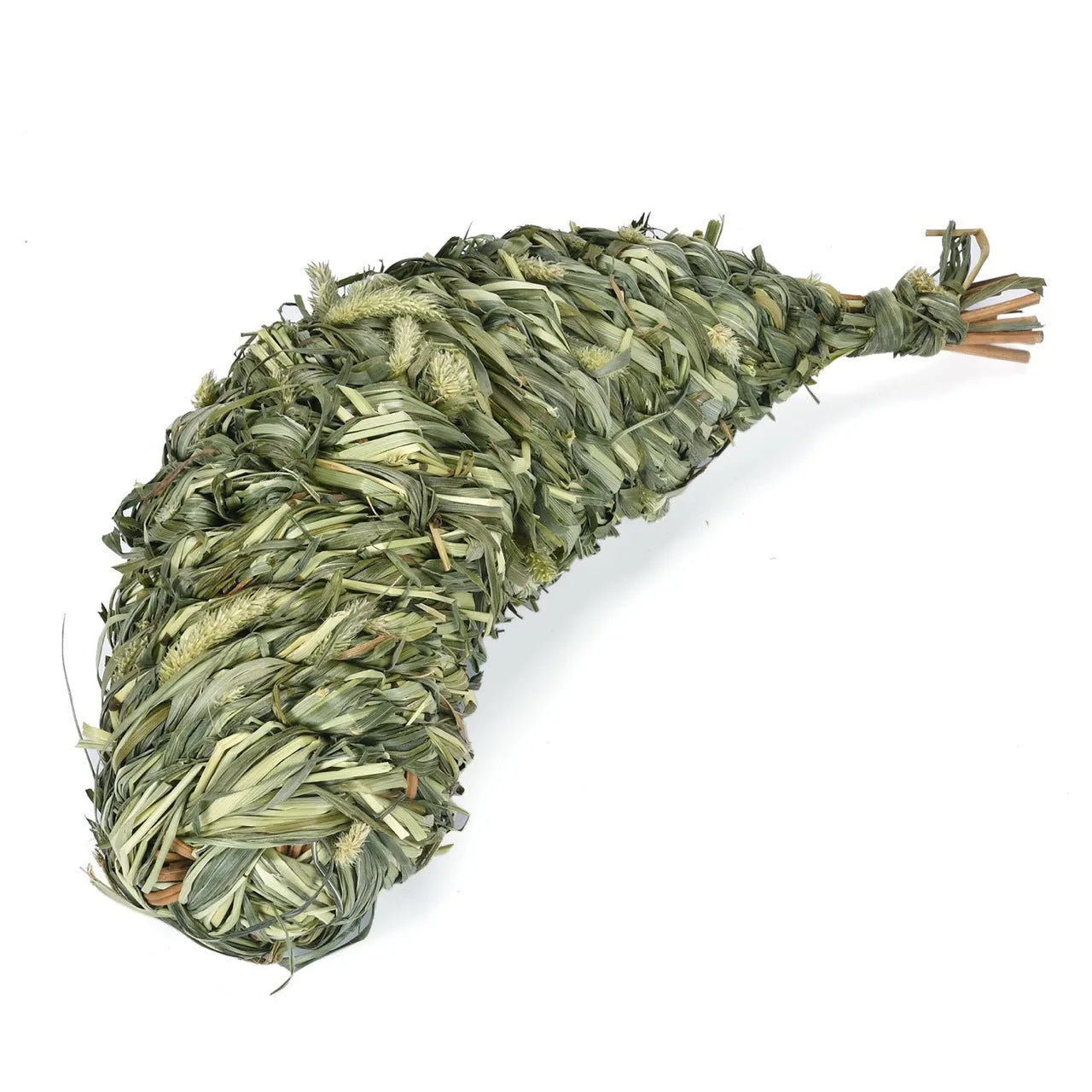 Natural timothy grass pet toy shaped like an eggplant, on a light background