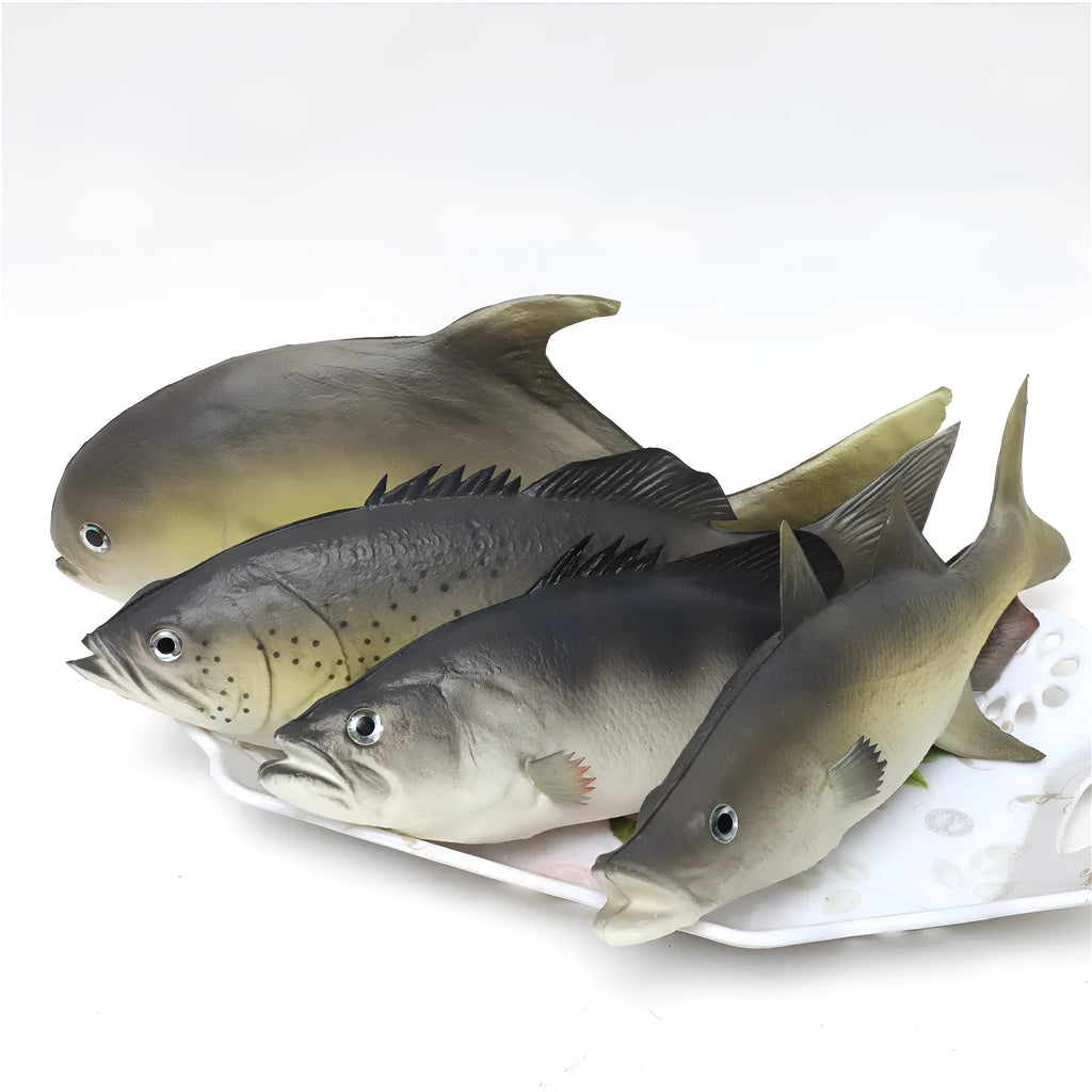 PU simulated fish model ornament in yellow-fin tuna style on a white background.