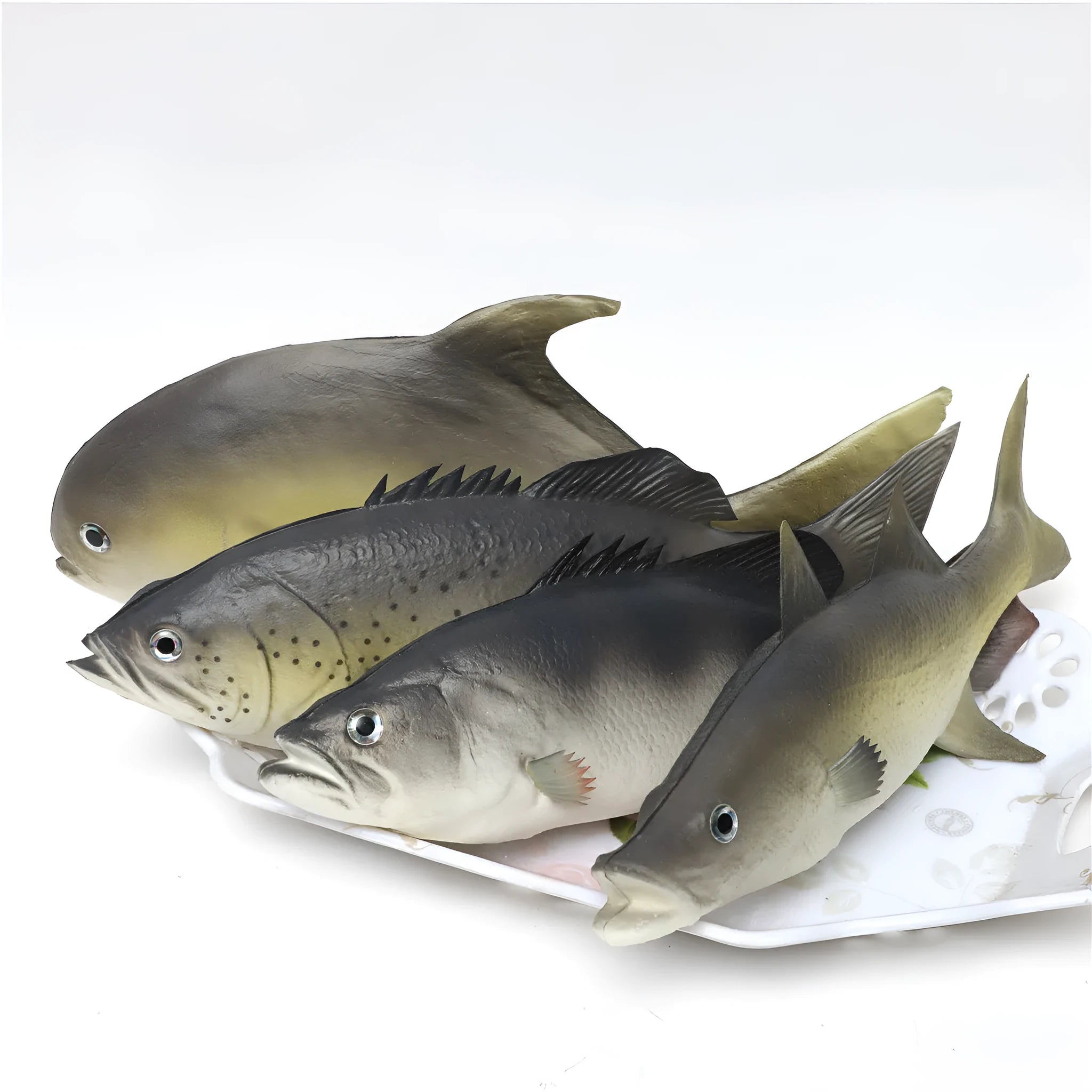 PU simulated fish model ornament in yellow-fin tuna style on a white background.